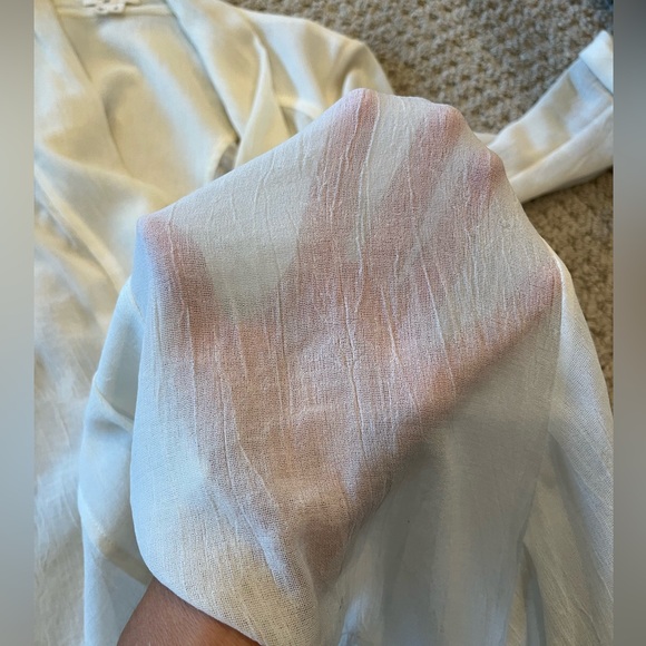 Helmet Lang Sheer Button Front V-Neck Cream Distressed Hem High Low Blouse - Picture 9 of 9